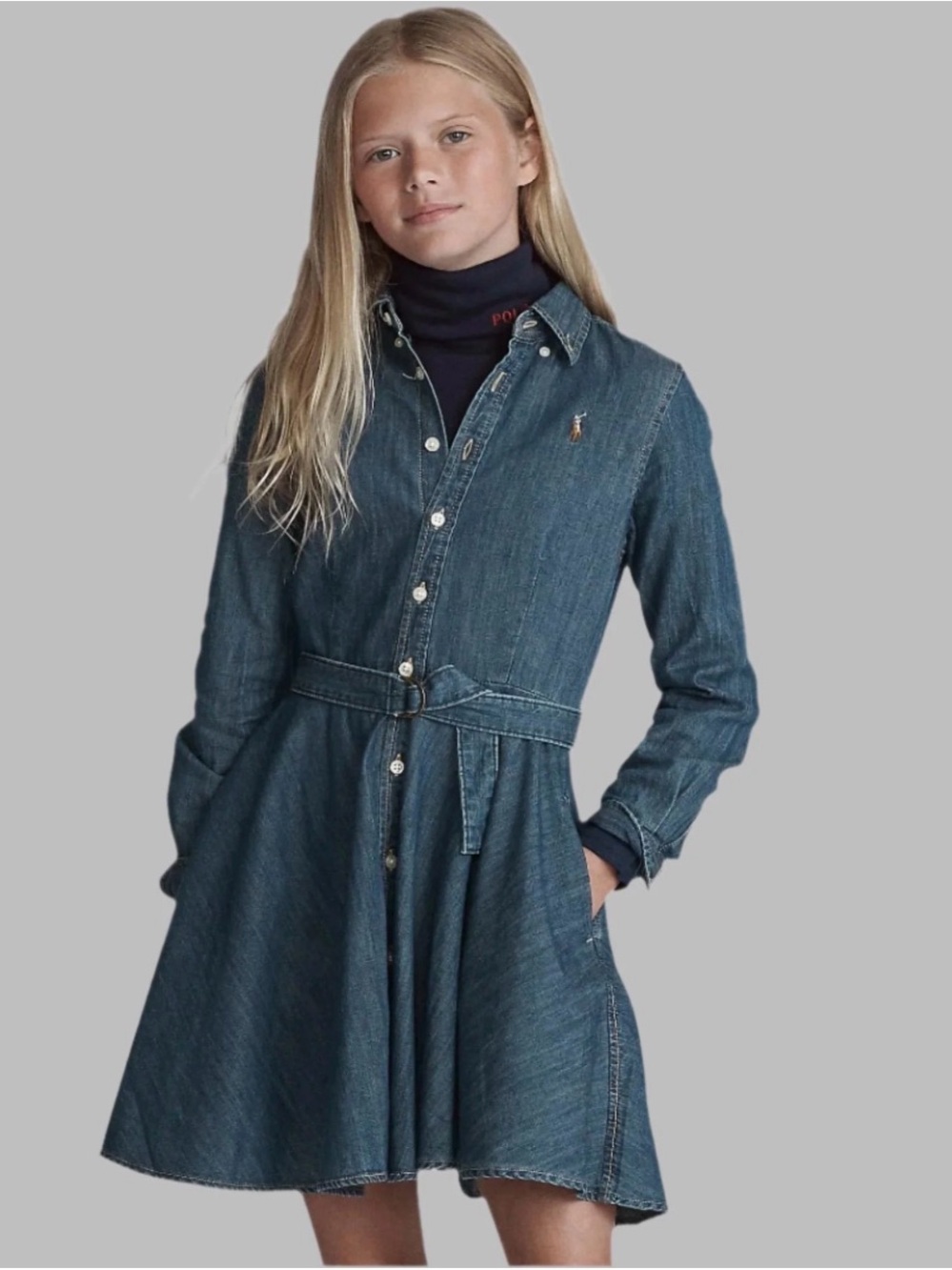 Ralph Lauren Dark Blue Denim Shirt Dress with Tie Waist